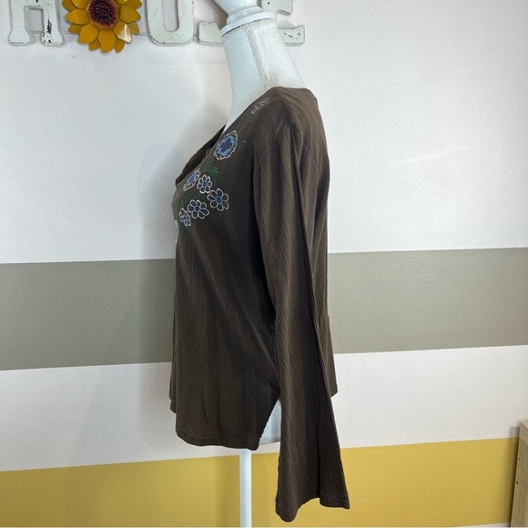 2/$25 Giselle Apparel Vintage 90s Brown Floral Embroidered Boho Hippie Blouse - Picture 4 of 13